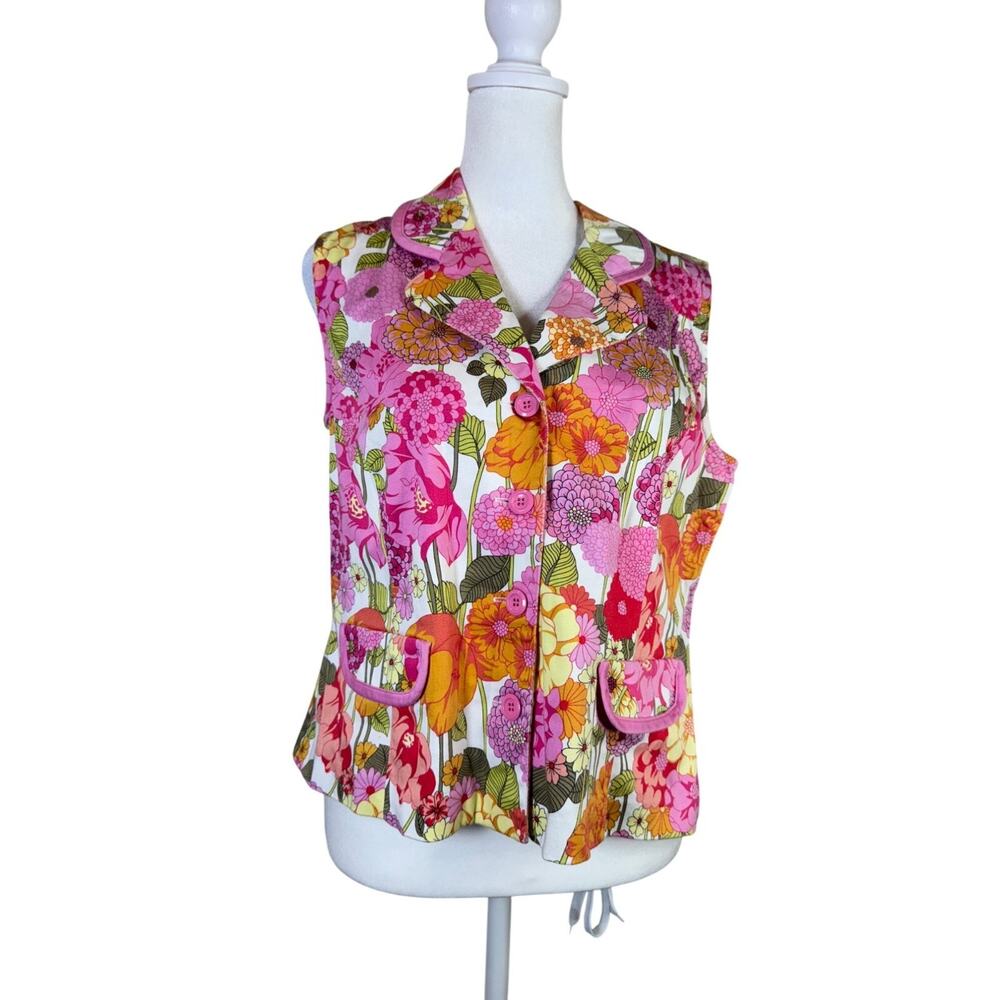 Sag Harbor Petite Floral Vest 14P Pink Orange Button Front Vest Vintage Spring